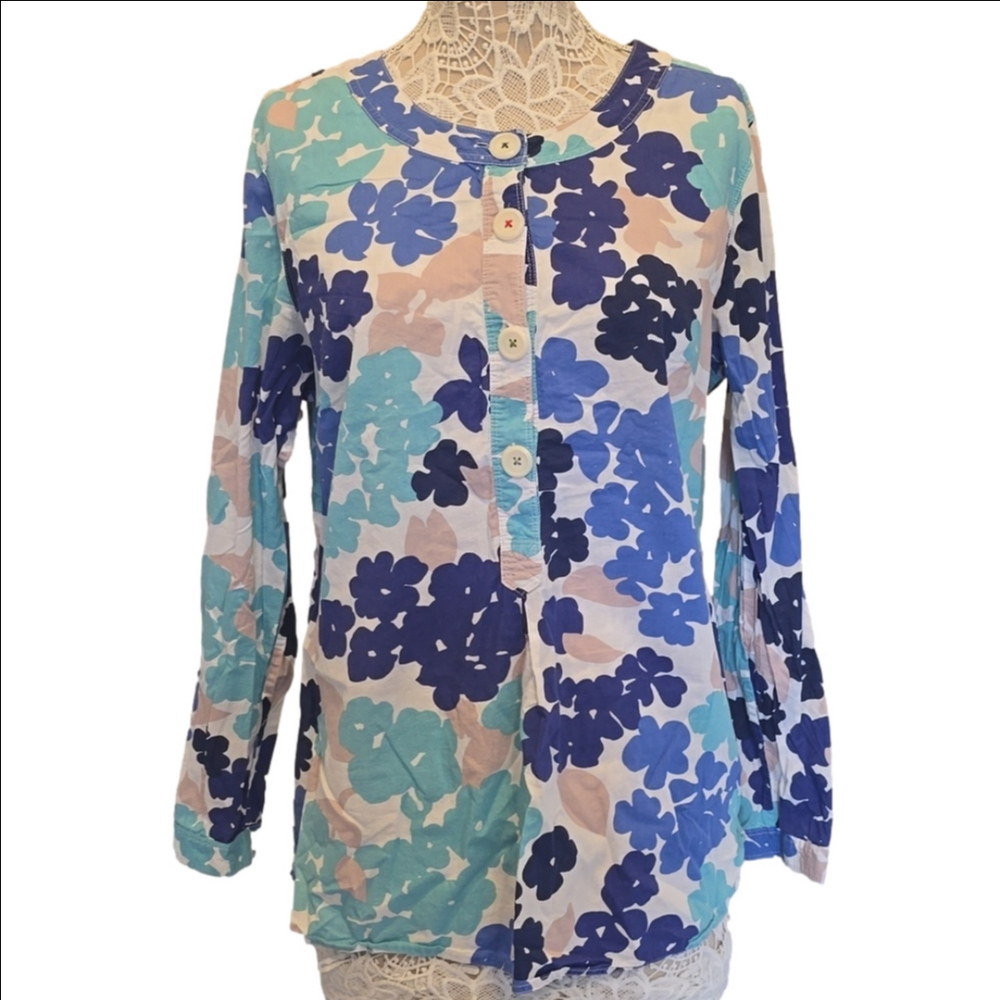 Boden Floral Crewneck 3/4 Button-down Long Sleeve Sz 14